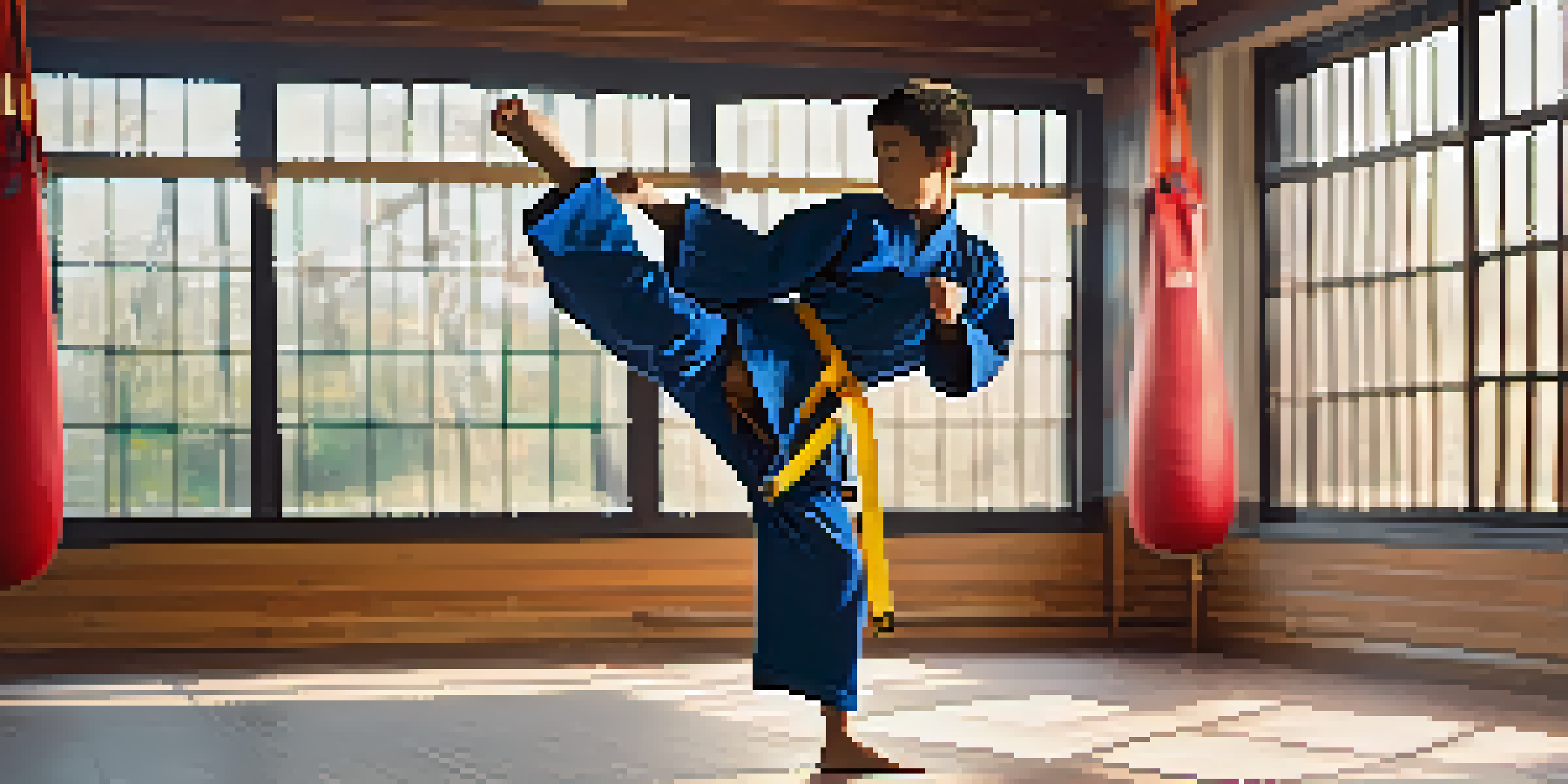 A young martial artist executing a high kick in a bright dojo filled with colorful training mats and natural light.