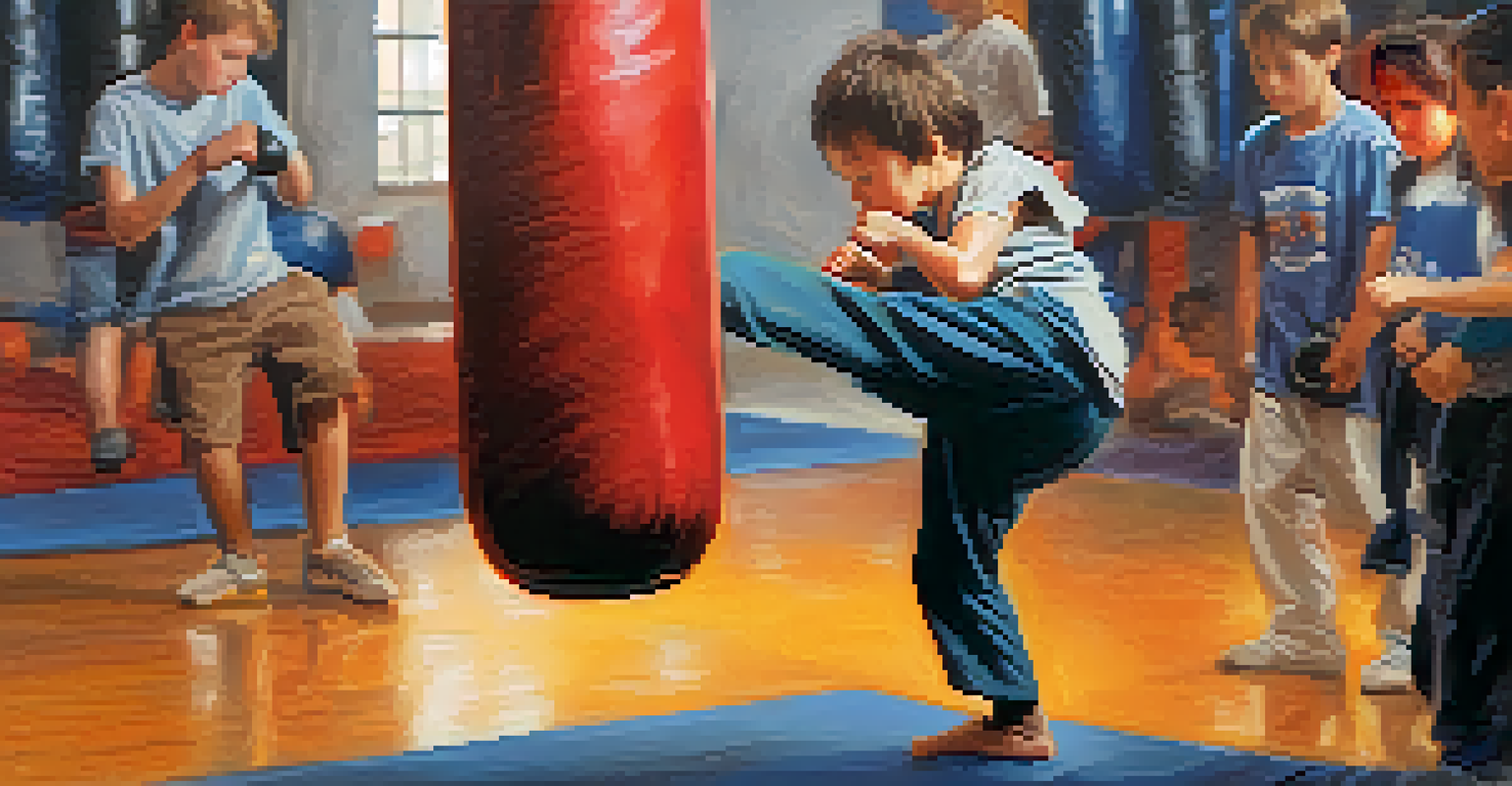 A child's hand striking a punching bag in a martial arts class, showcasing determination and concentration.