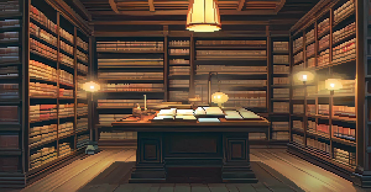 A serene library filled with martial arts manuscripts, featuring an open manuscript on a wooden table under warm lamp light.