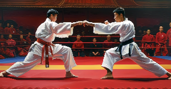 Two martial artists sparring in a dojo, demonstrating various techniques with intense expressions and traditional uniforms.