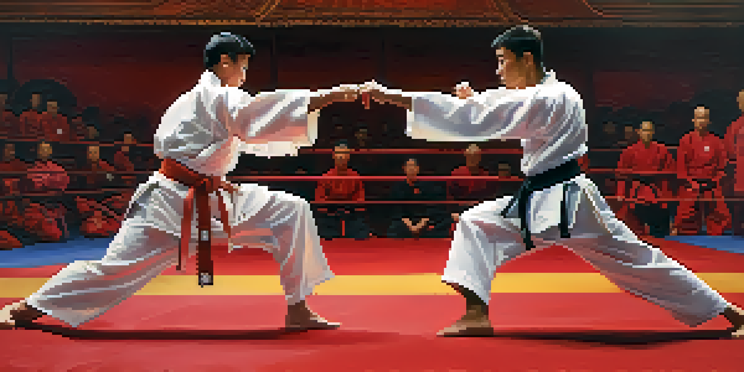 Two martial artists sparring in a dojo, demonstrating various techniques with intense expressions and traditional uniforms.