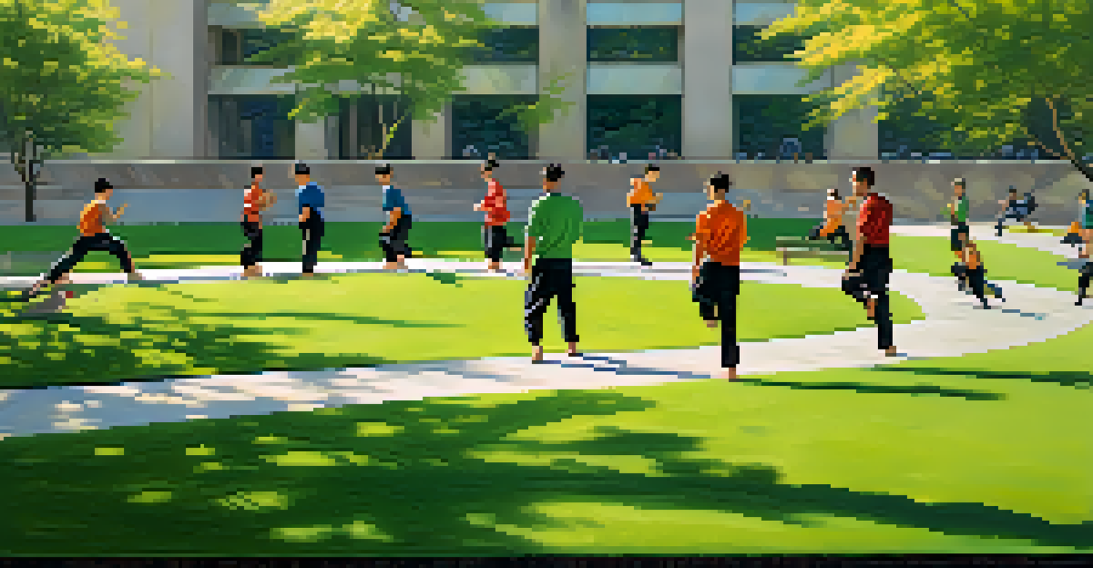 Several martial artists training in a city park, using park benches for drills, surrounded by green grass and concrete pathways under warm sunlight.