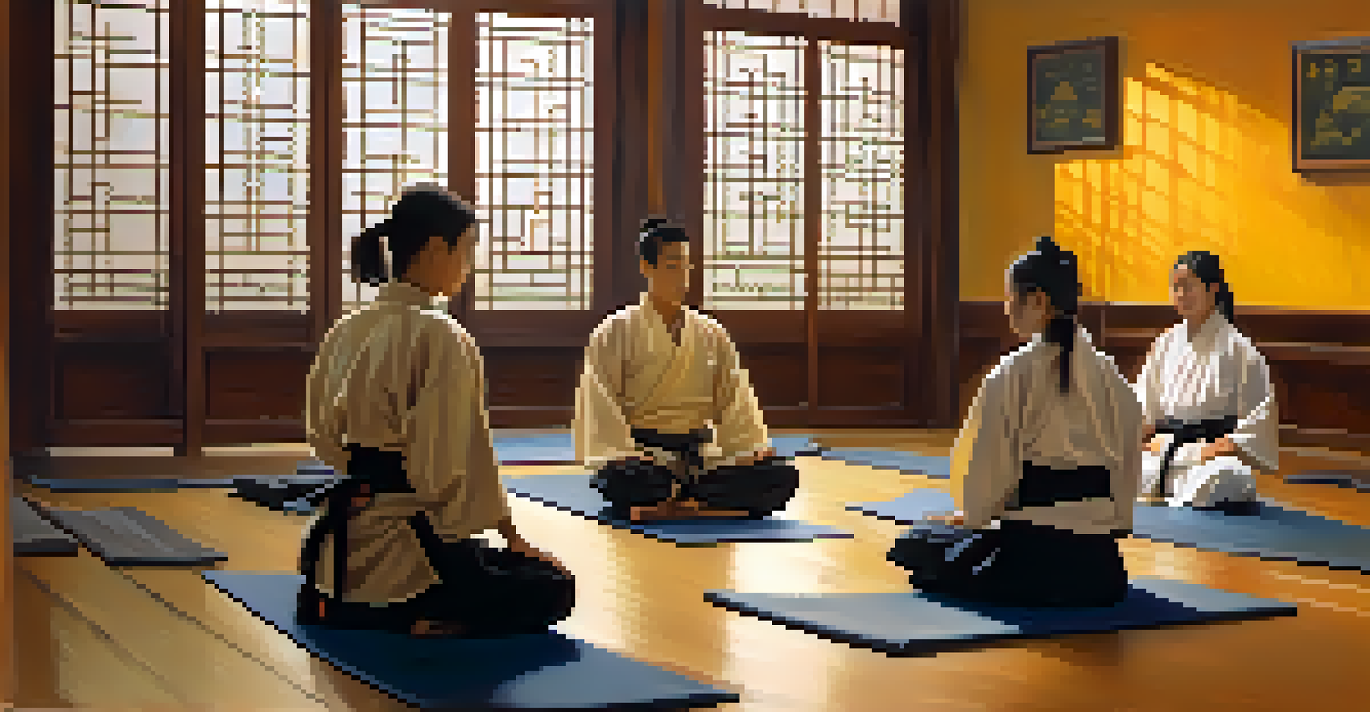 A group of martial arts students practicing breathing exercises in a warm, candlelit room.