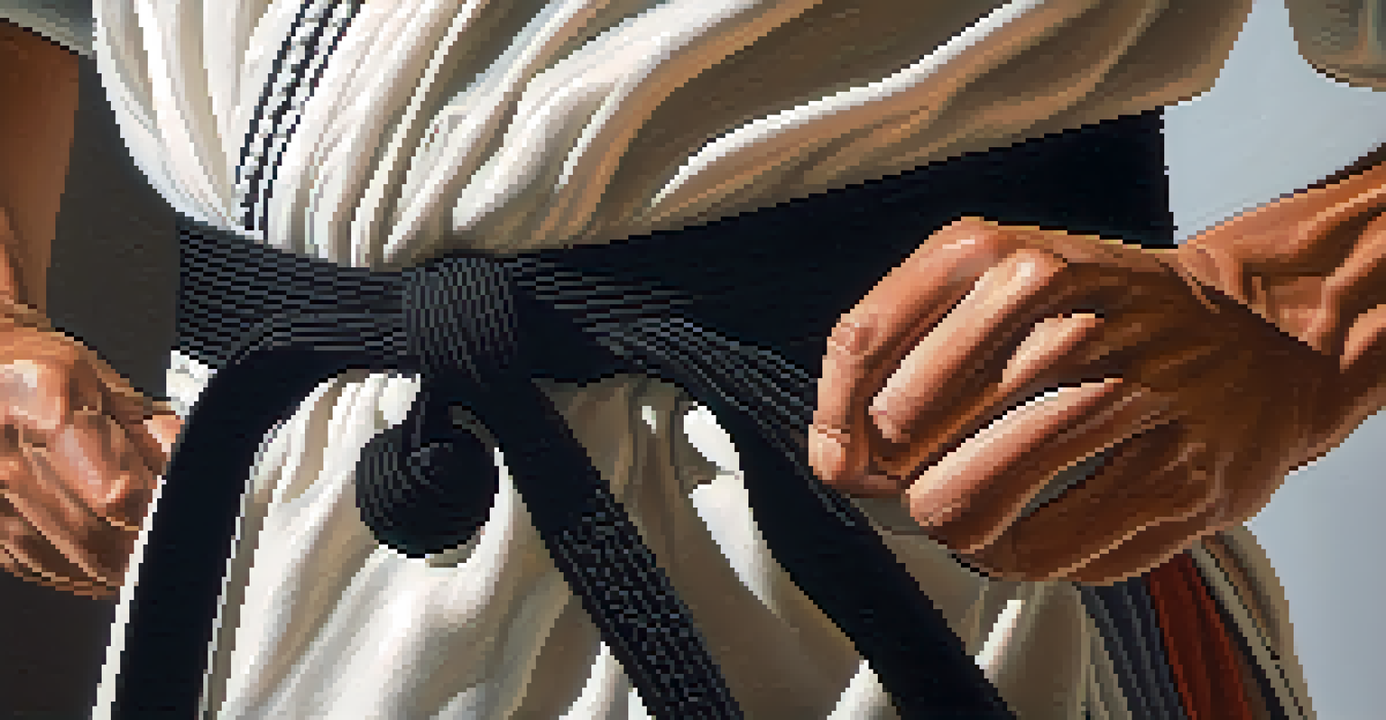 A close-up of a martial artist tying a black belt, showcasing the fabric texture and knot details, with a blurred background.
