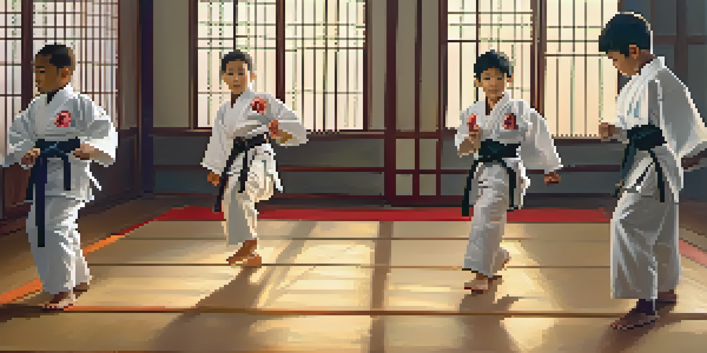 A group of young martial artists practicing in a dojo with various colored belts, showing focus and determination.