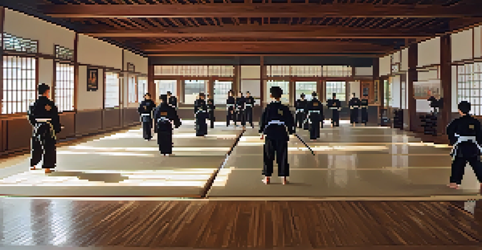 A peaceful martial arts dojo with students practicing techniques, natural light illuminating the space, and inspirational decor on the walls.