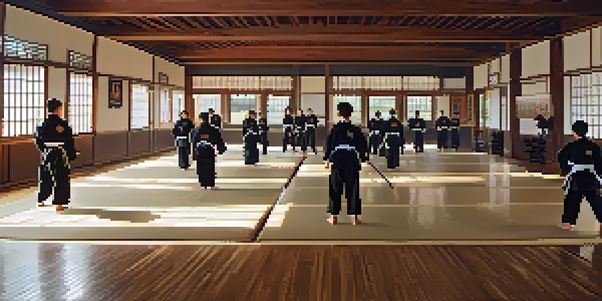 A peaceful martial arts dojo with students practicing techniques, natural light illuminating the space, and inspirational decor on the walls.