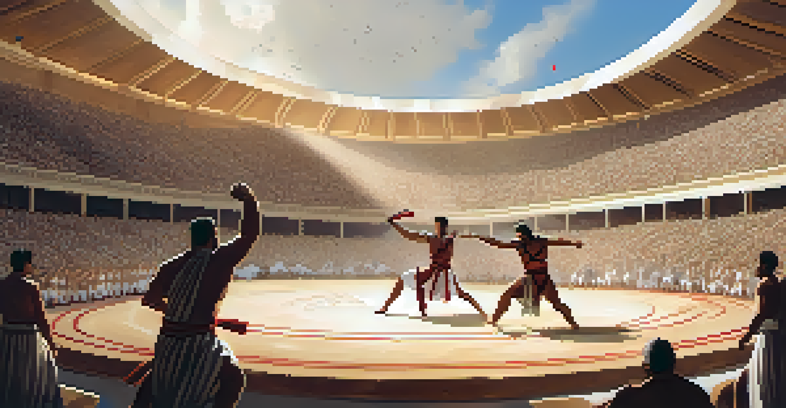 An ancient Greek martial arts competition at the Olympic Games with athletes performing in an arena.