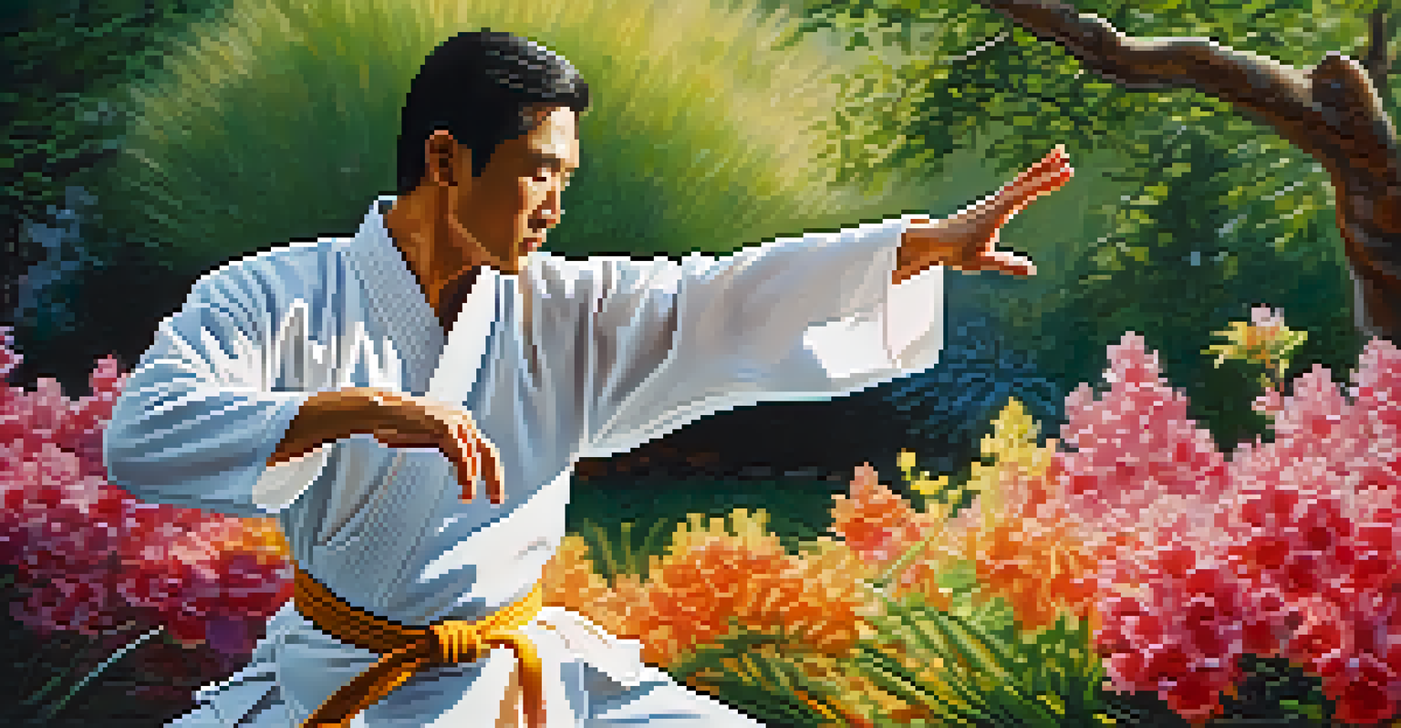 Close-up of a martial artist's hand performing tai chi, showcasing the graceful movement and colorful garden background.