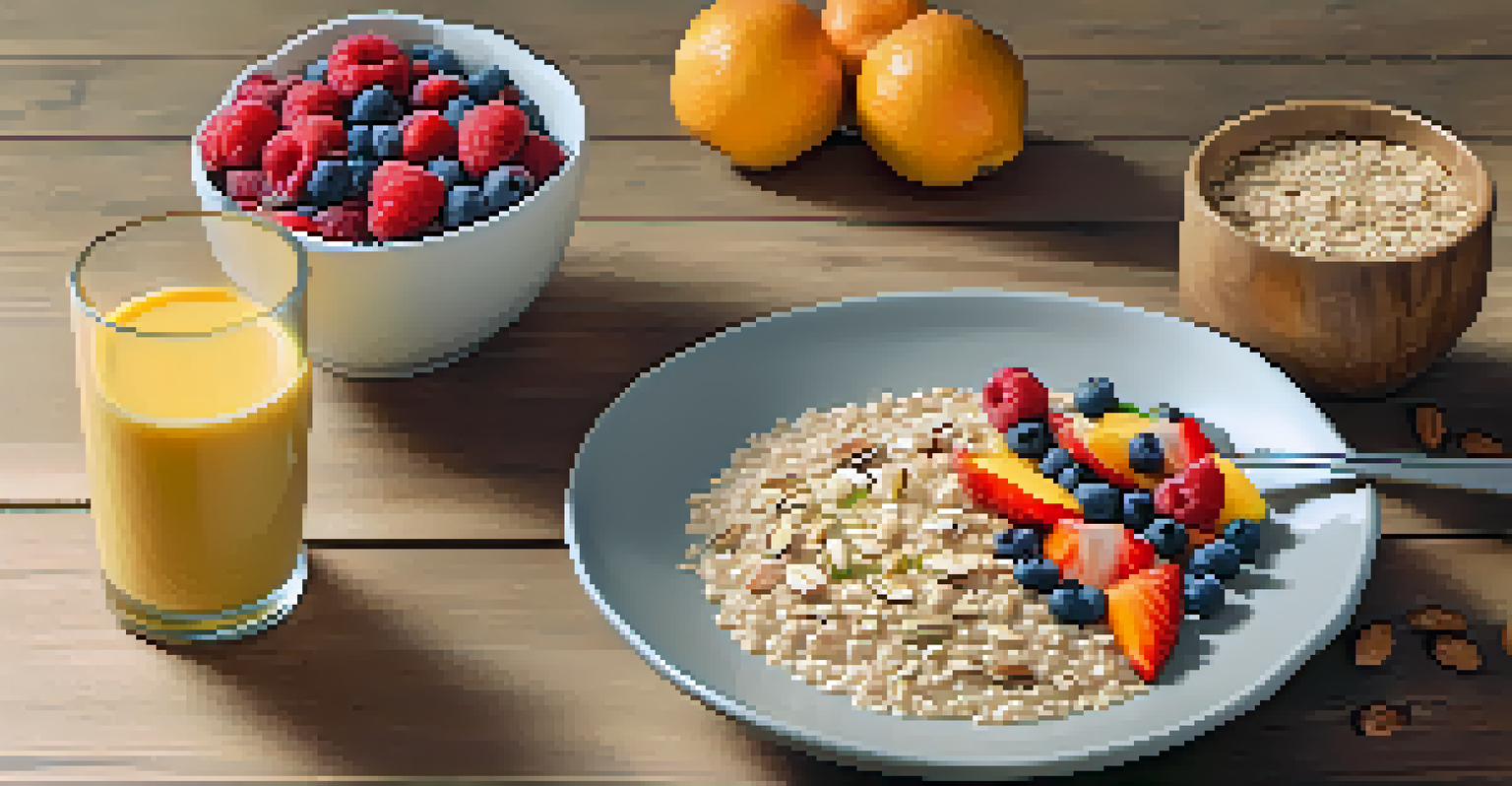 An overhead view of a nutritious pre-workout meal with oatmeal, fruits, smoothie, and nuts on a wooden table.