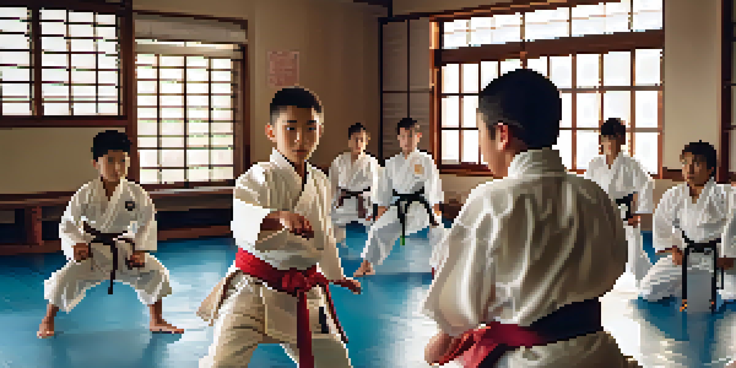 A diverse group of young people engaged in martial arts training in a dojo, demonstrating focus and teamwork under soft natural lighting.