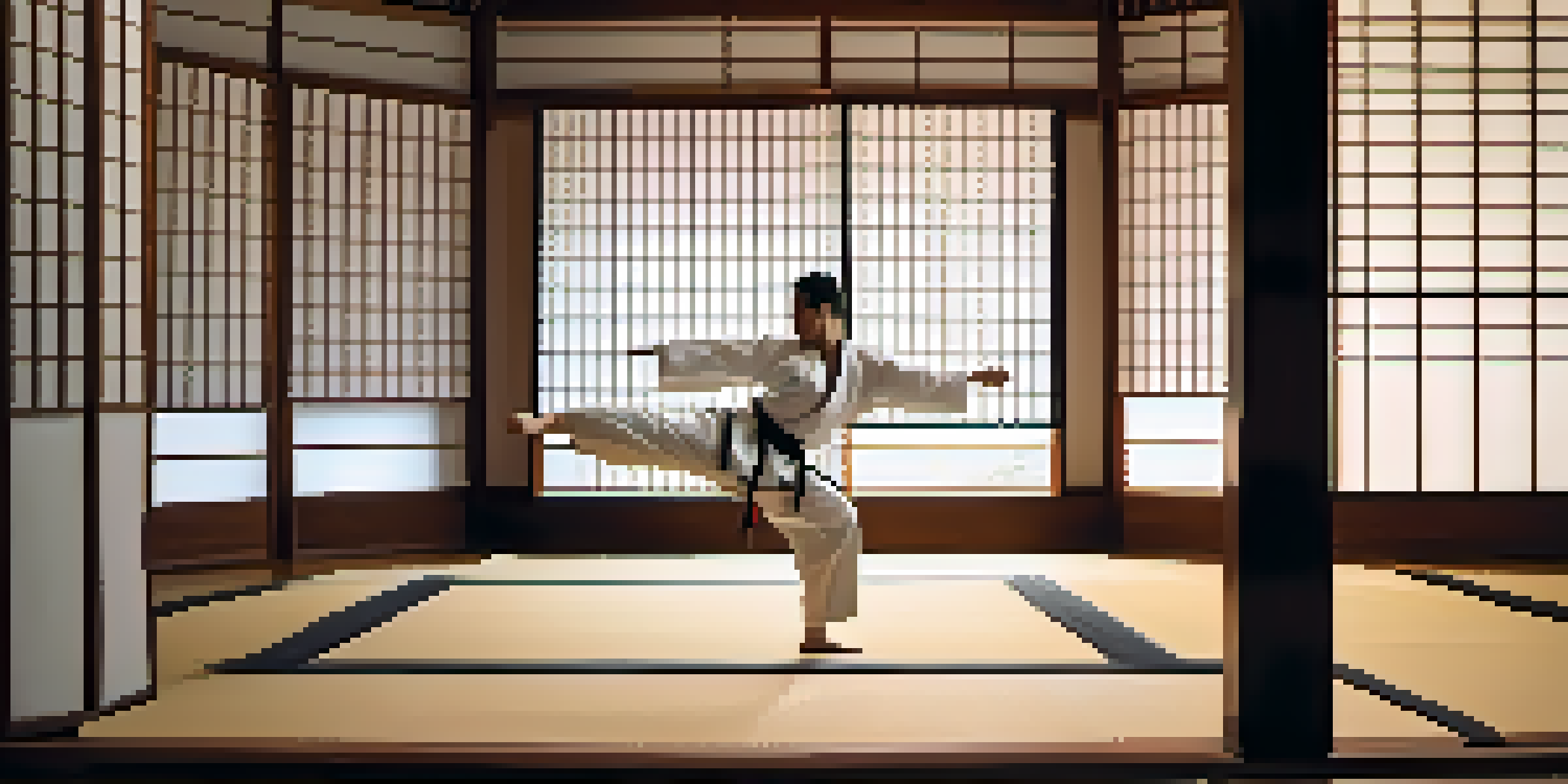 A martial artist executing a high kick in a dojo filled with traditional Japanese decor and soft natural light.