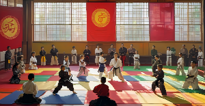 A diverse group of martial arts practitioners training together in a dojo, with sunlight filtering through windows.