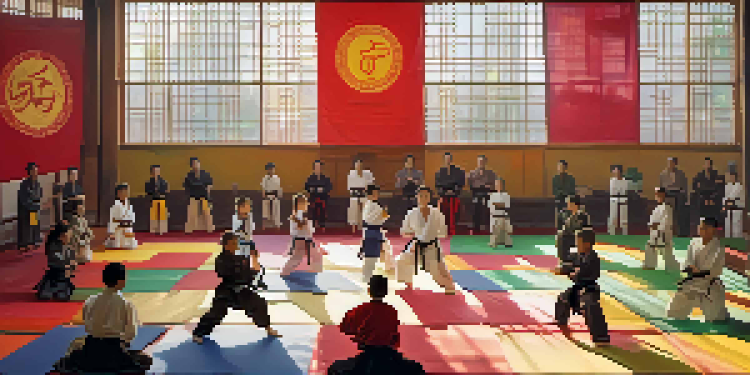 A diverse group of martial arts practitioners training together in a dojo, with sunlight filtering through windows.