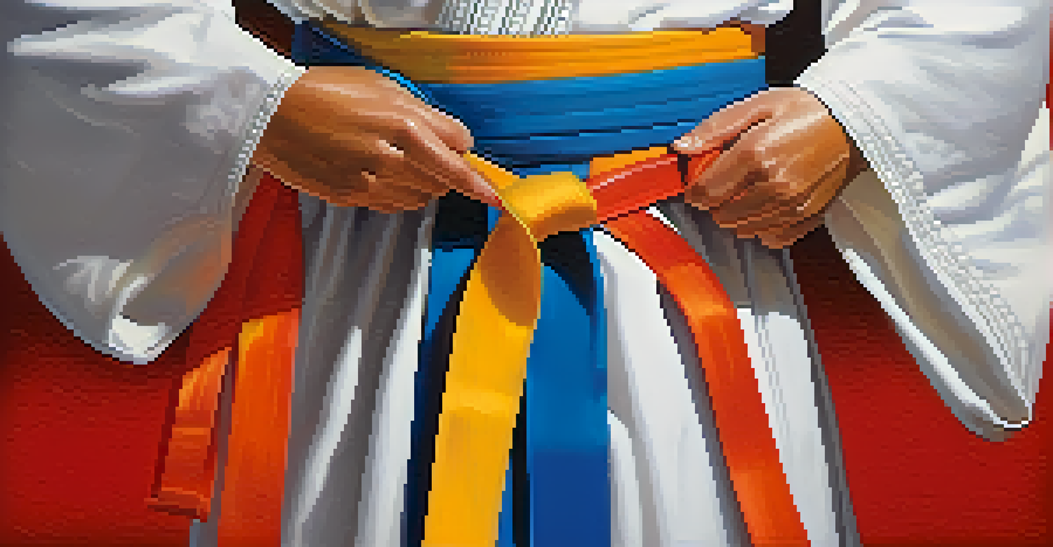 Close-up of hands tying a colored martial arts belt around a practitioner's waist, with a blurred background.