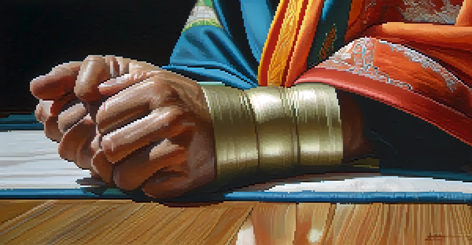 Close-up of a martial artist's hands wrapped in fabric bandages on a colorful dojo mat.