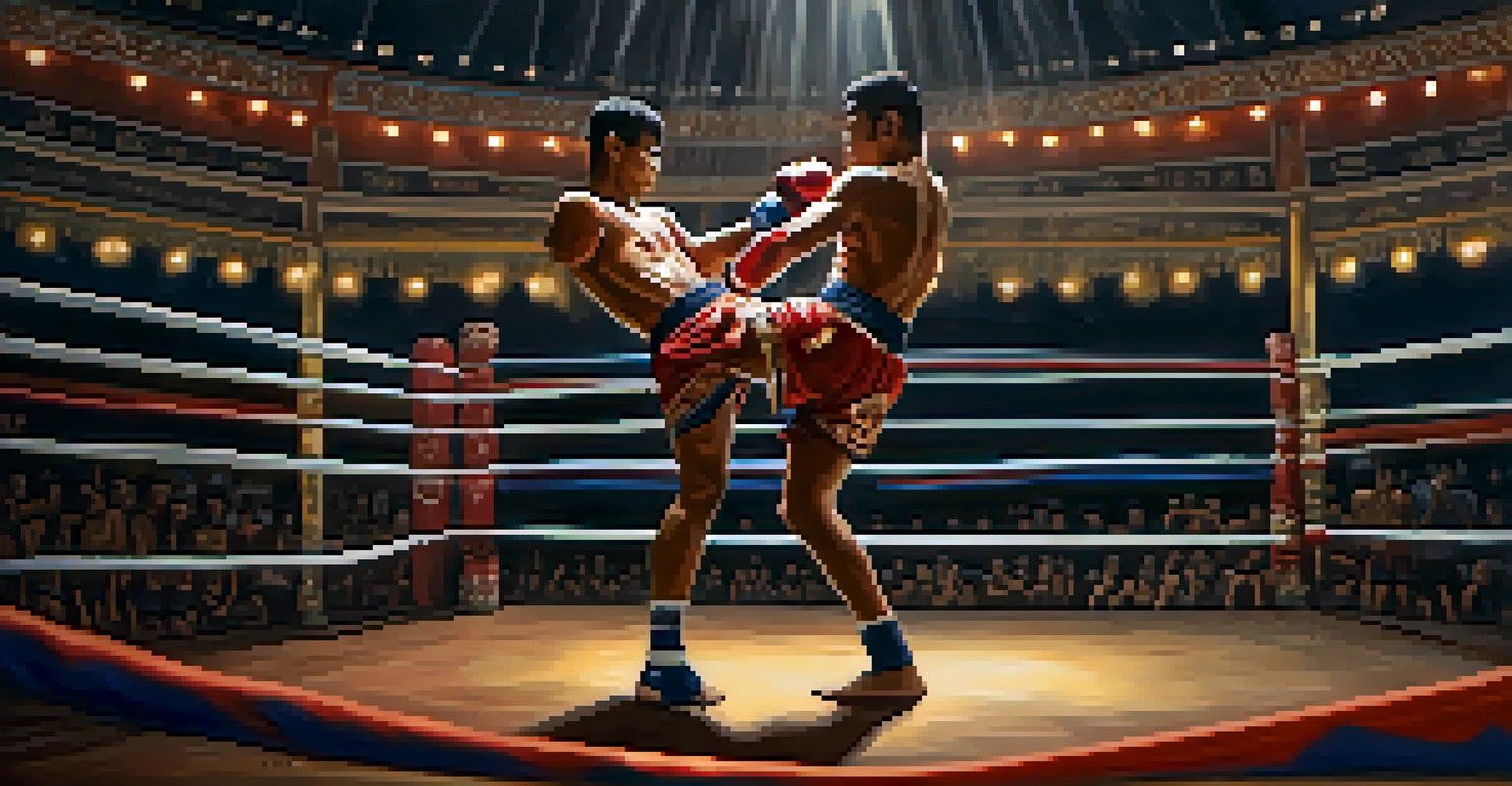 Two Muay Thai fighters sparring in a ring, showcasing their intensity and skill during training.