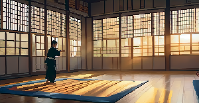 A peaceful martial arts dojo at dawn with a student practicing kata, warm light streaming in.