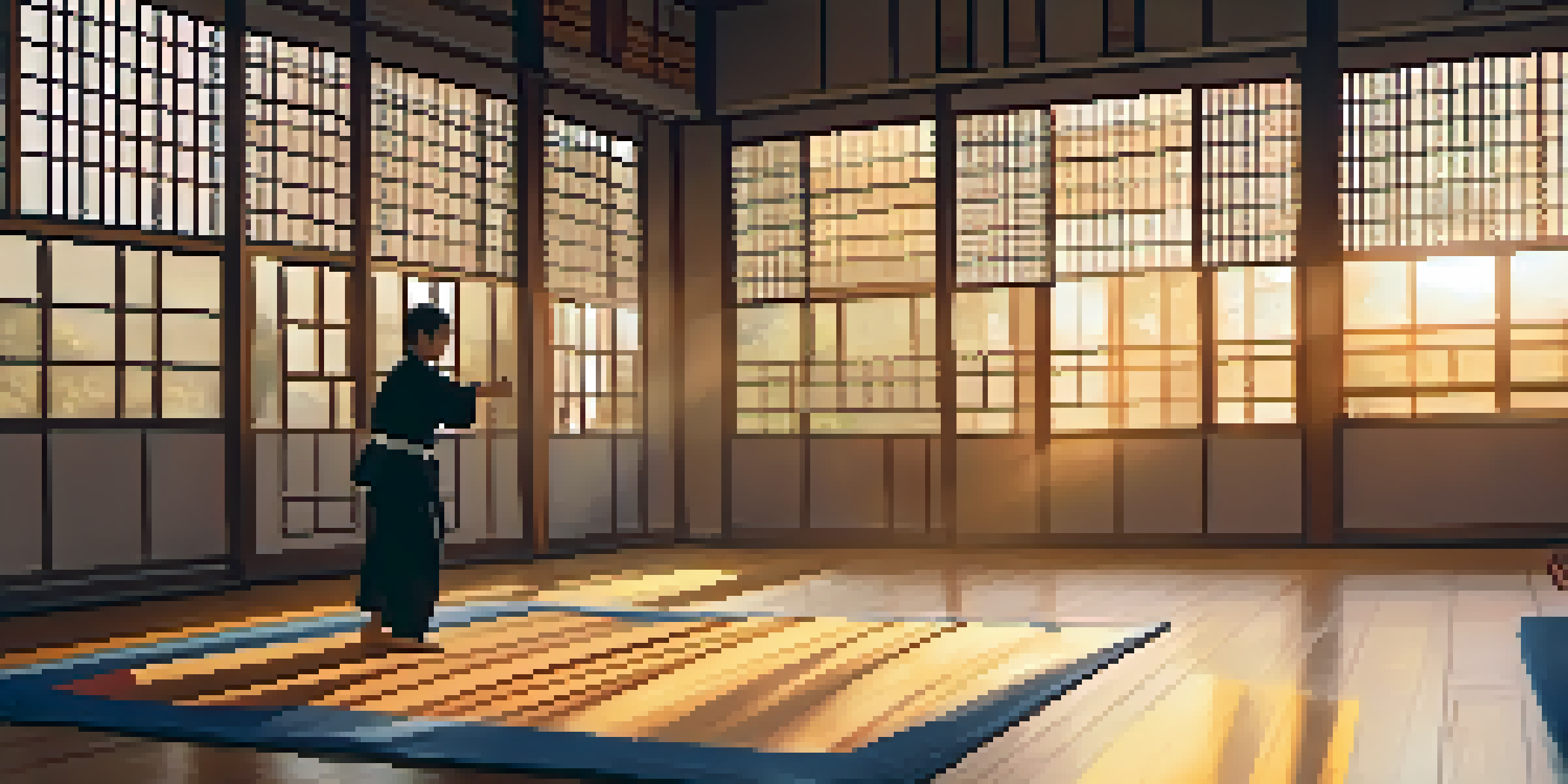 A peaceful martial arts dojo at dawn with a student practicing kata, warm light streaming in.