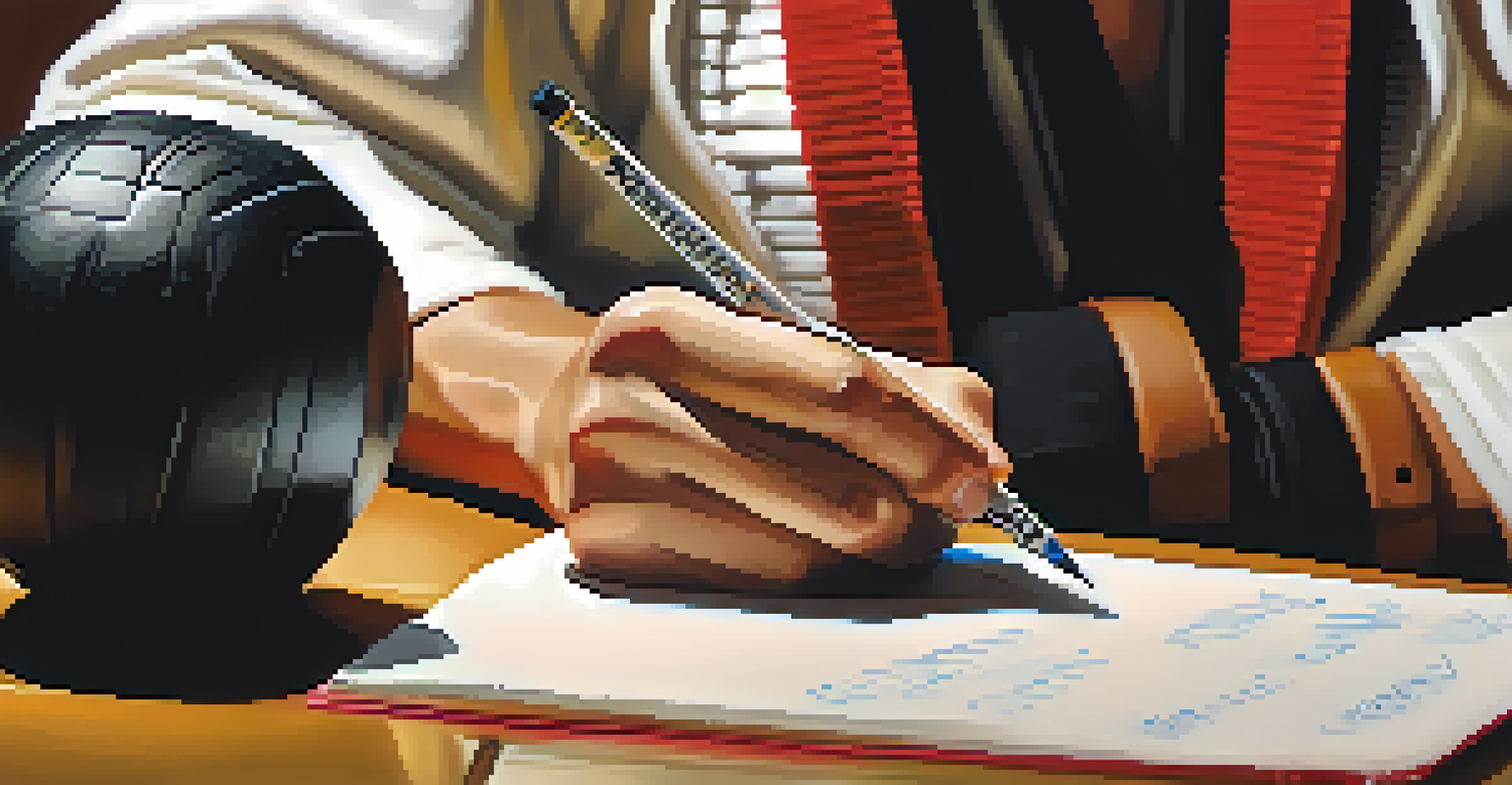A martial artist writing in a training journal, reflecting on their performance with training gear in the background.