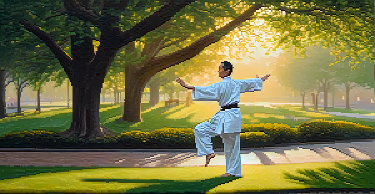 A martial artist practicing tai chi in a peaceful park at sunrise, surrounded by trees and flowers.
