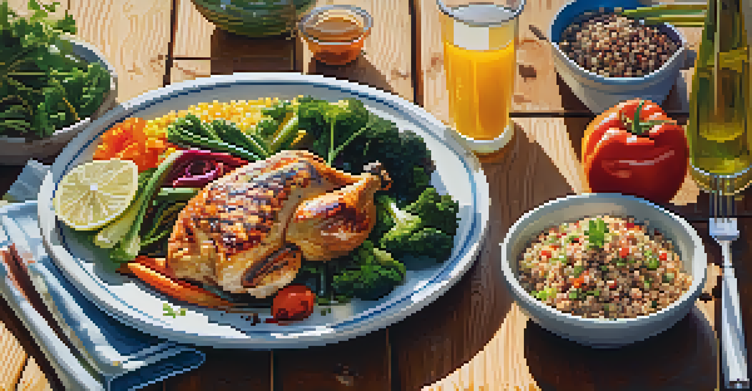 A nutritious meal for an athlete, showcasing grilled chicken, quinoa, and colorful vegetables on a wooden table.