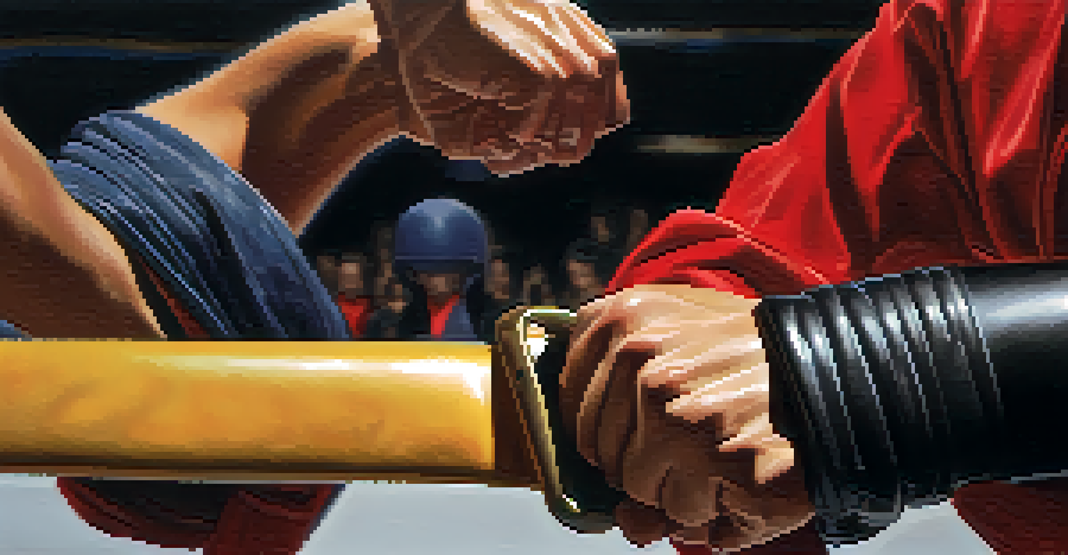 Close-up of hands gripping a martial arts belt with sparring students blurred in the background.