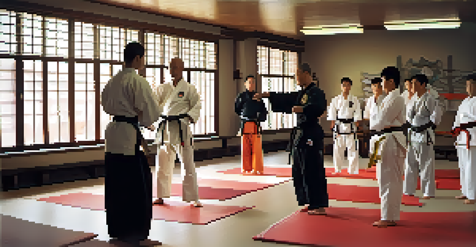 A martial arts instructor demonstrating a technique to attentive students in a brightly lit dojo, showcasing strong posture and focused expressions.