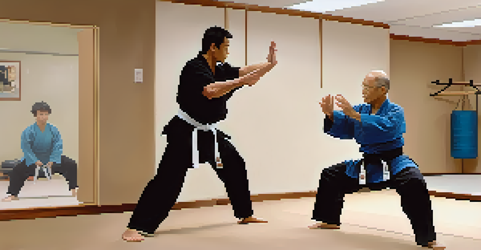 A physical therapist assisting a patient in practicing gentle Aikido movements in a bright martial arts studio.