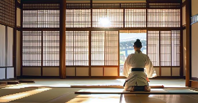 A martial arts practitioner in a white gi performing kata in a dojo with wooden floors and soft morning light.