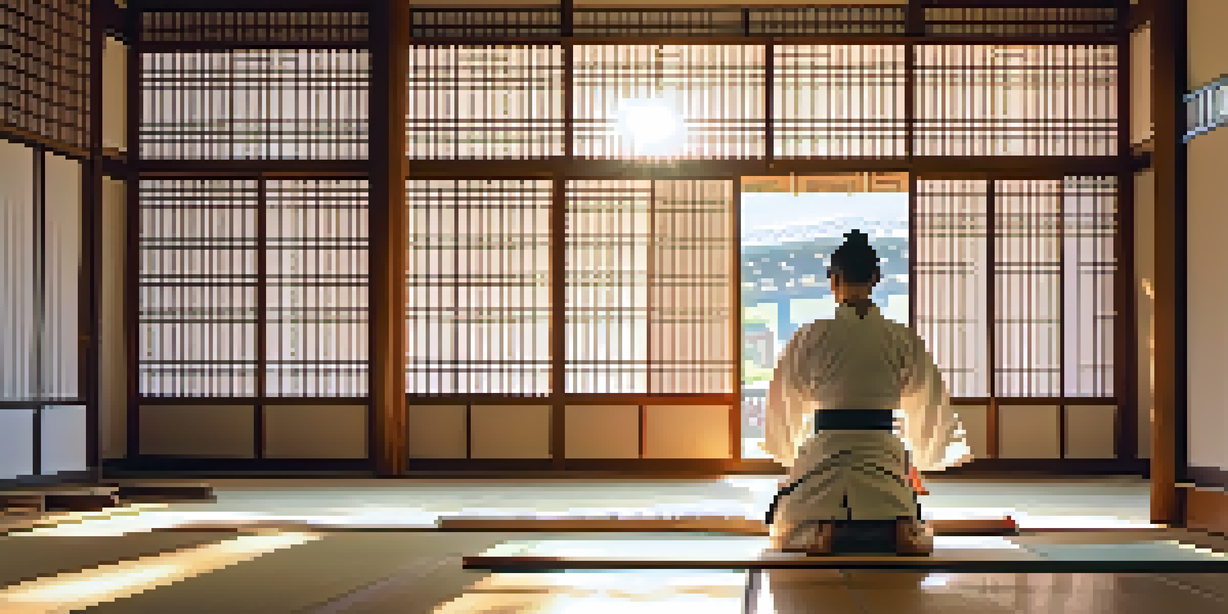 A martial arts practitioner in a white gi performing kata in a dojo with wooden floors and soft morning light.