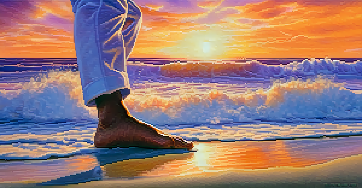 A close-up of a martial artist's feet kicking on a sandy beach during sunset, with sand flying and waves crashing in the background.