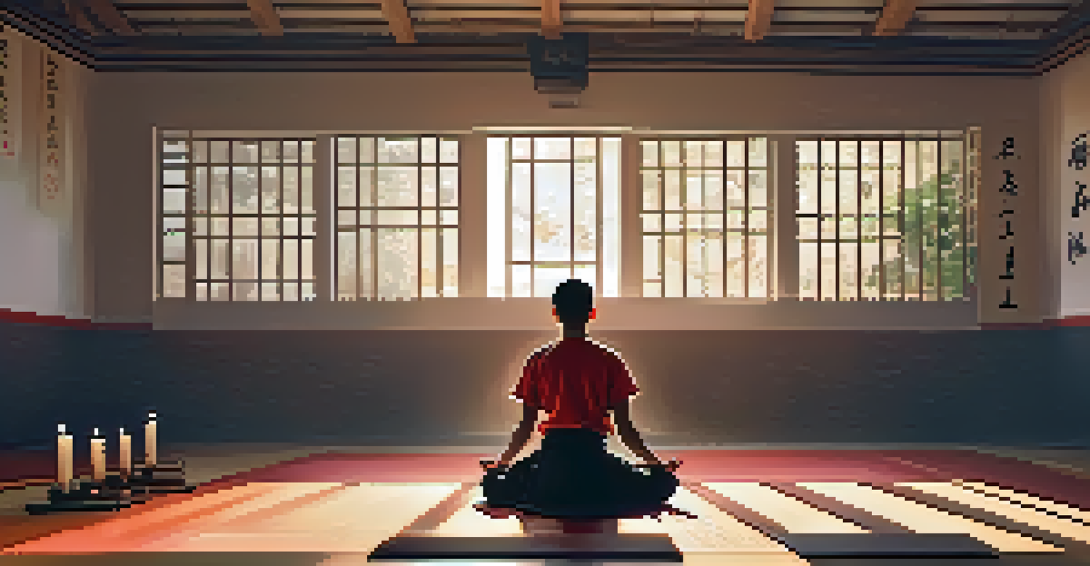 A student meditating on a martial arts mat, surrounded by candlelight and inspirational quotes, embodying tranquility and self-reflection.