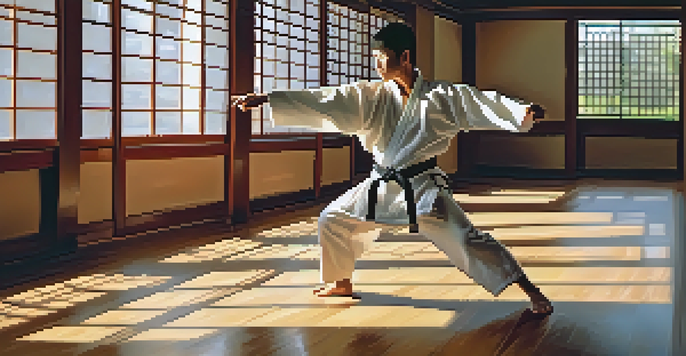 A martial artist executing a high kick in a dojo with sunlight illuminating the scene and wooden floor.