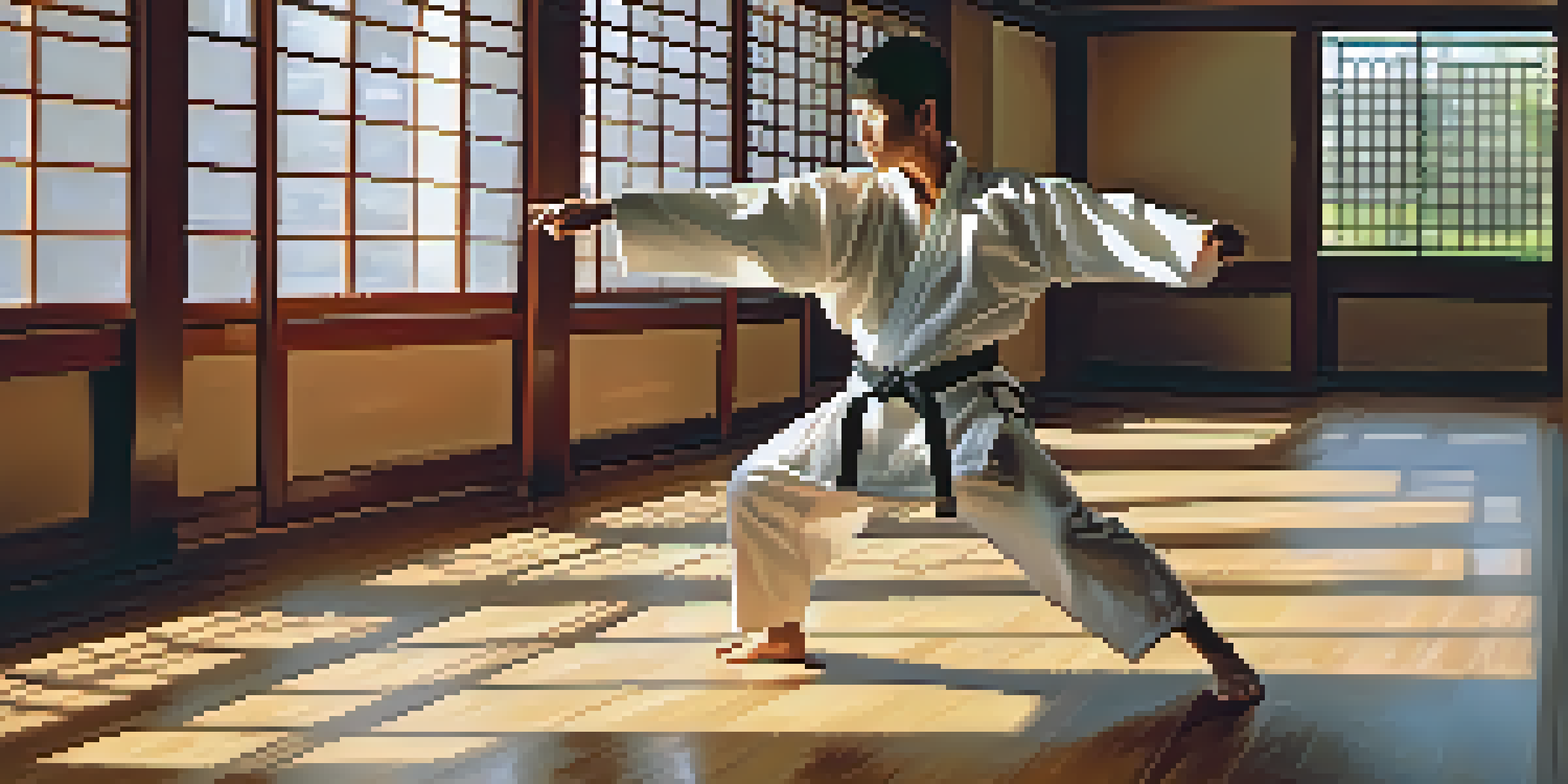 A martial artist executing a high kick in a dojo with sunlight illuminating the scene and wooden floor.