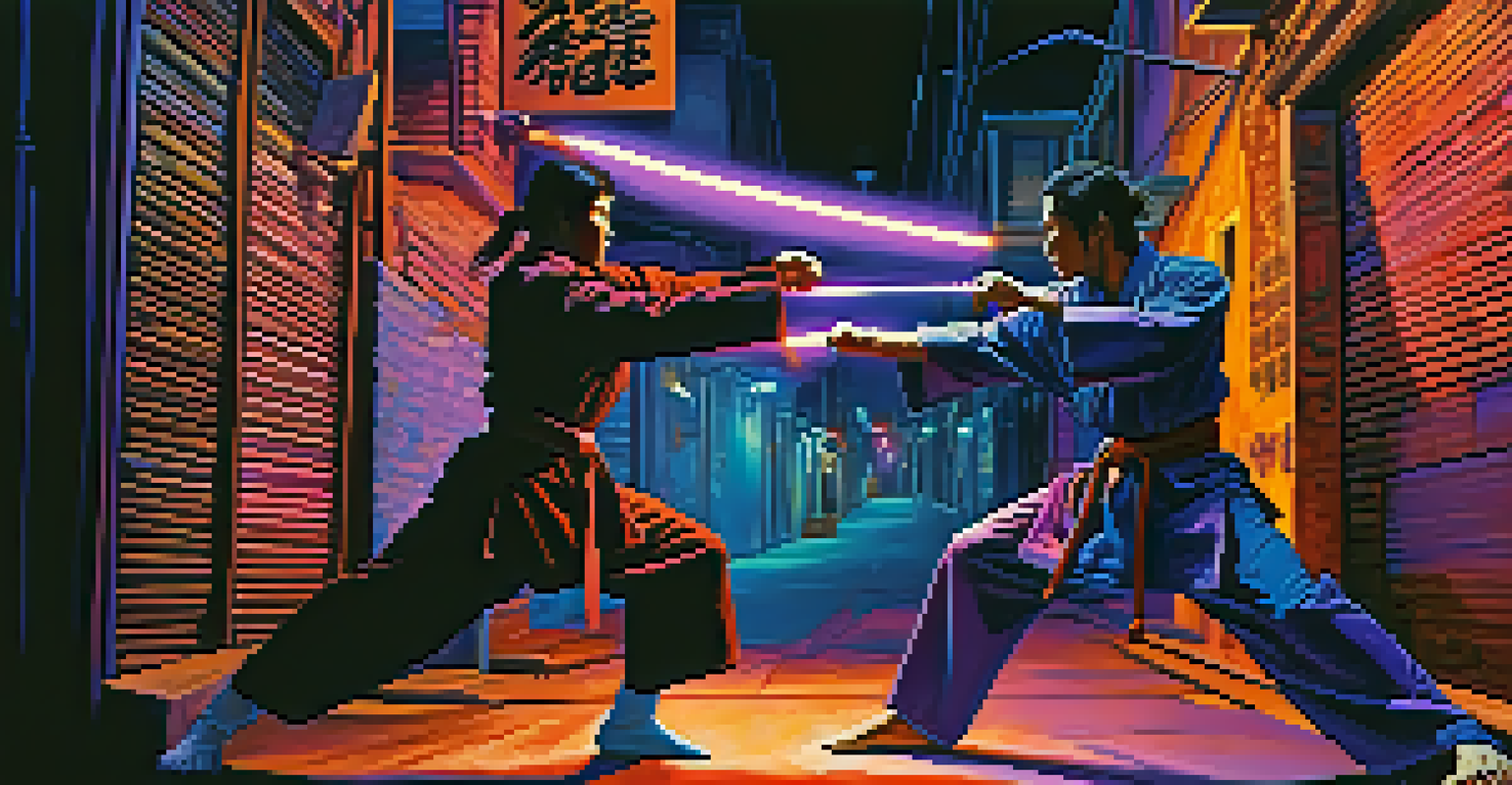 Two martial artists engaged in a fierce duel in a narrow alley illuminated by neon lights.