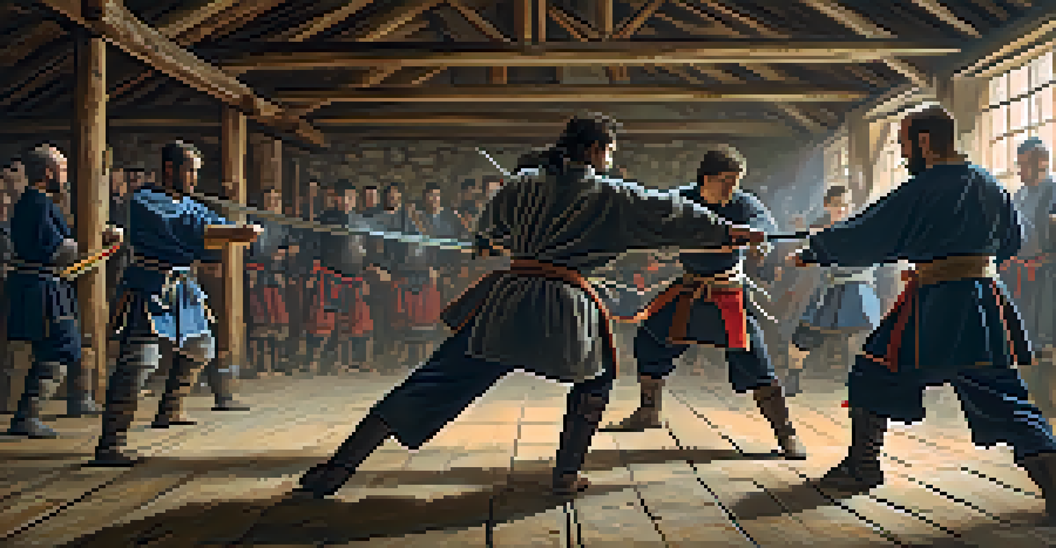 Practitioners in medieval armor sparring with swords in a rustic barn setting.