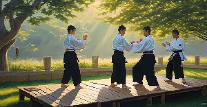 A diverse group of martial artists practicing katas outdoors at dawn, surrounded by greenery.