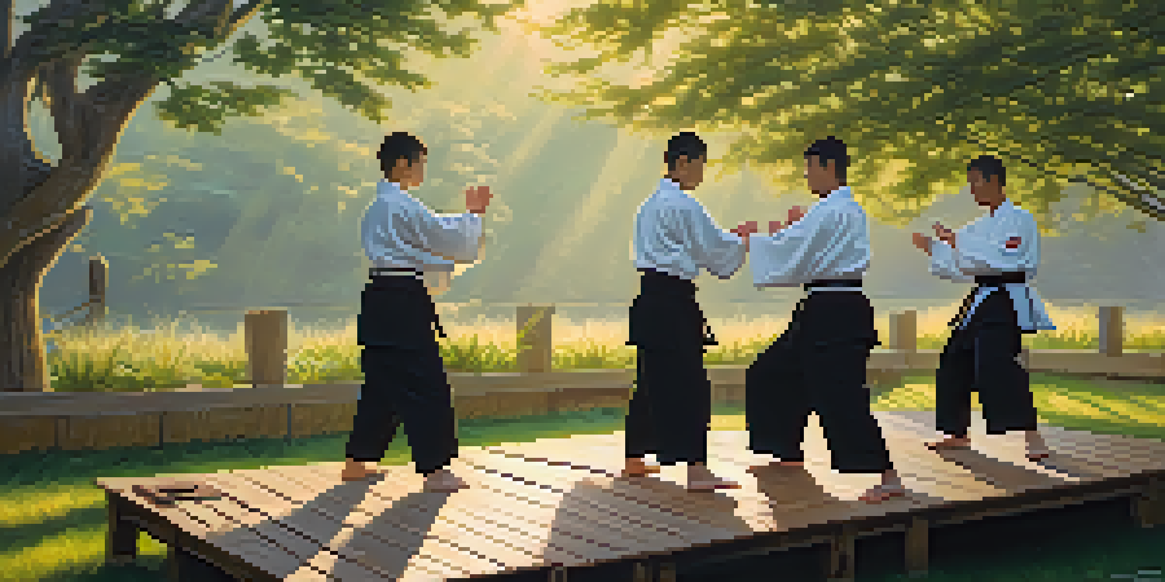 A diverse group of martial artists practicing katas outdoors at dawn, surrounded by greenery.