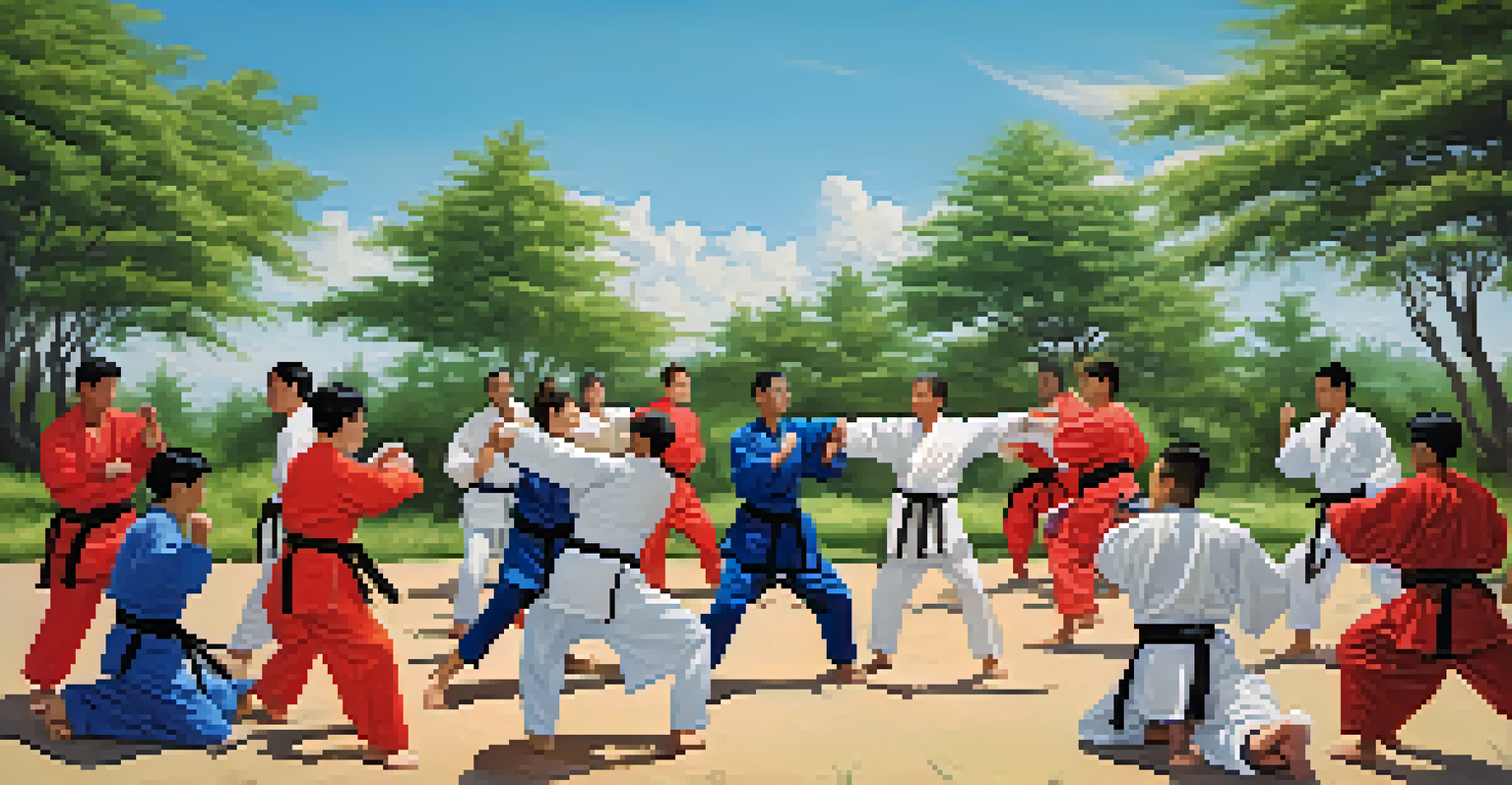 A diverse group of martial artists participating in a self-defense workshop outdoors, showcasing empowerment and community.
