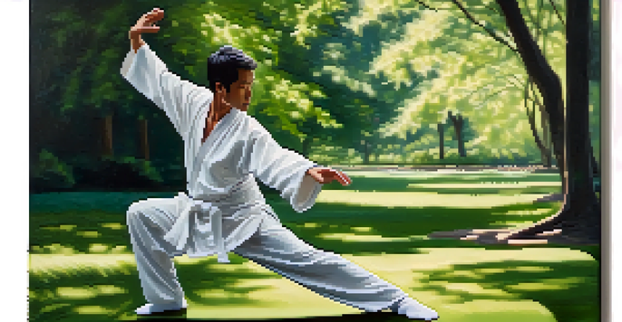 A martial artist practicing Tai Chi in a peaceful park, surrounded by greenery and soft sunlight.