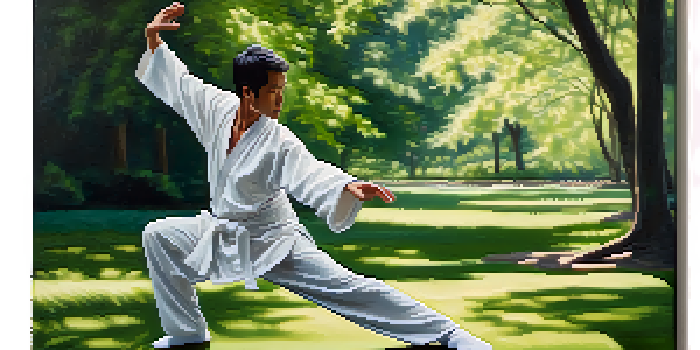 A martial artist practicing Tai Chi in a peaceful park, surrounded by greenery and soft sunlight.