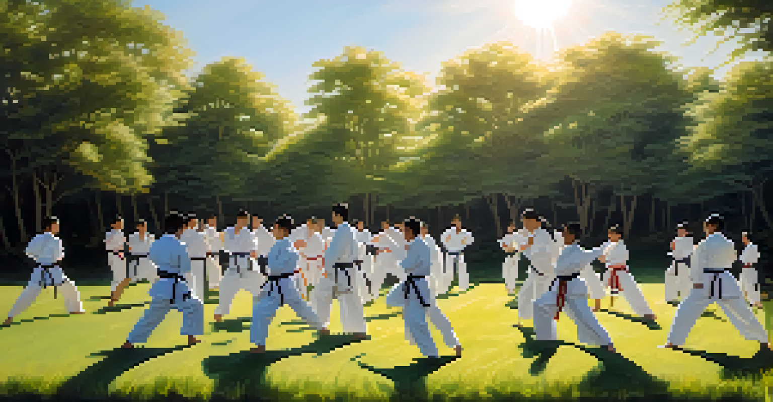 Martial artists training outdoors on a sunny day in a grassy field, practicing kicks and forms with trees in the background.