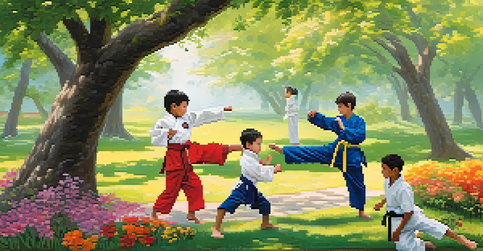 Children participating in an outdoor martial arts class that incorporates environmental education, surrounded by nature.