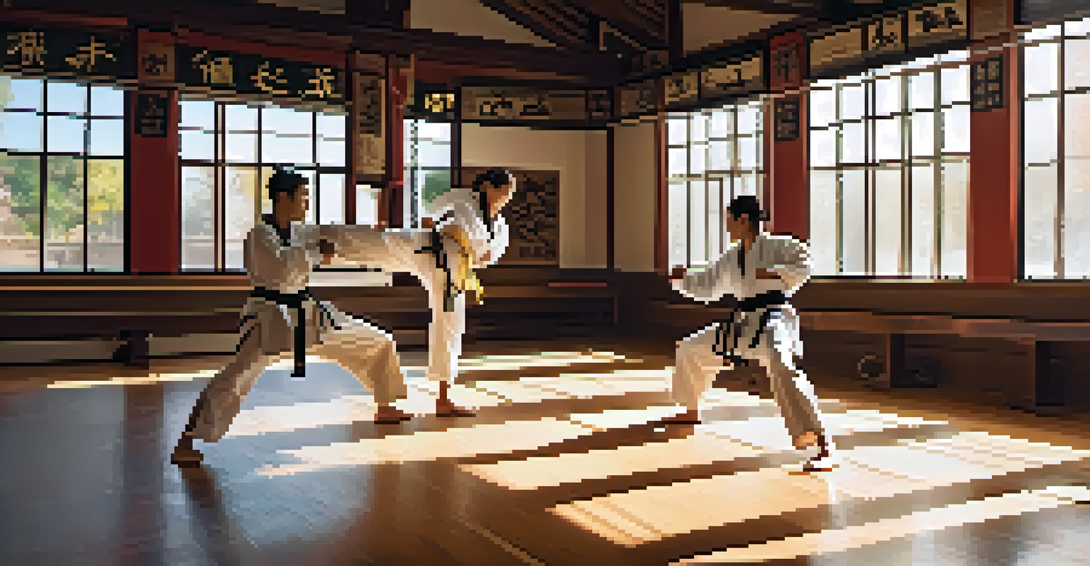 A vibrant martial arts class with students sparring and practicing techniques, surrounded by motivational quotes and symbols on the dojo walls.