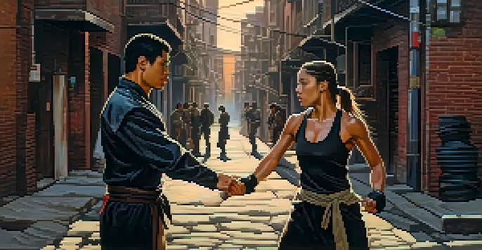 A woman and a man in a martial arts fight in an urban alleyway at dusk, surrounded by graffitied walls and dim streetlights, capturing their intense expressions and emotional stakes.