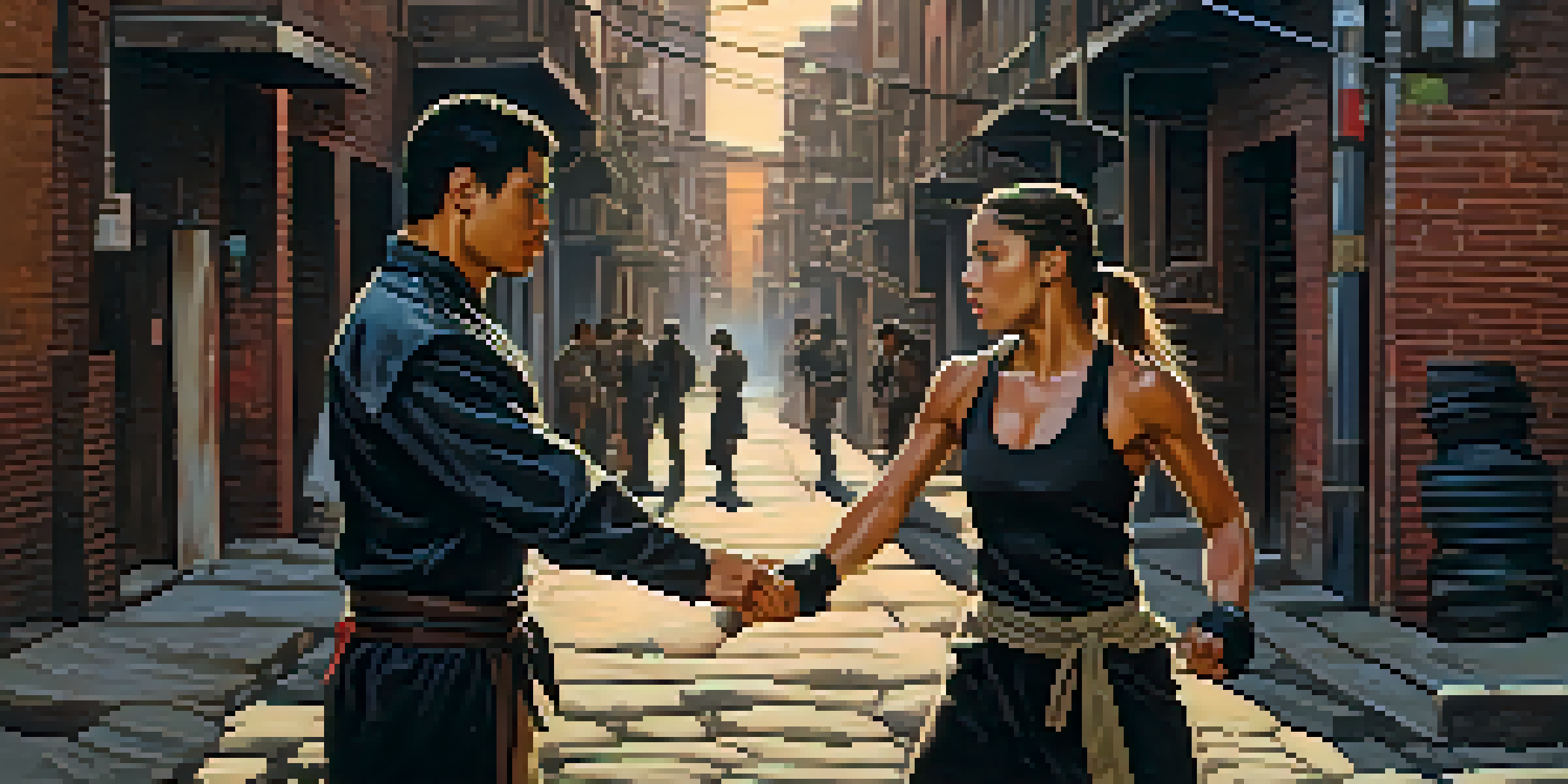 A woman and a man in a martial arts fight in an urban alleyway at dusk, surrounded by graffitied walls and dim streetlights, capturing their intense expressions and emotional stakes.