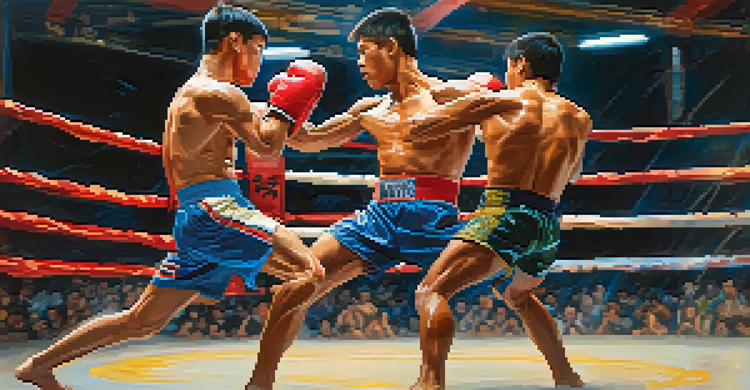 Two Muay Thai fighters sparring in a ring, one delivering a roundhouse kick while the other defends.