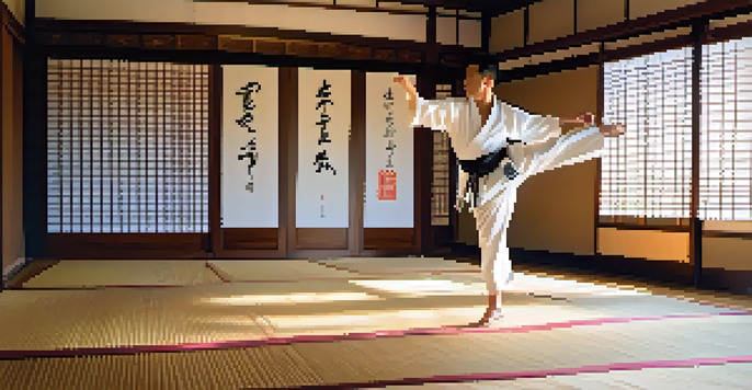 A peaceful dojo with a martial artist in a white gi practicing kata, surrounded by shoji screens and warm morning light.