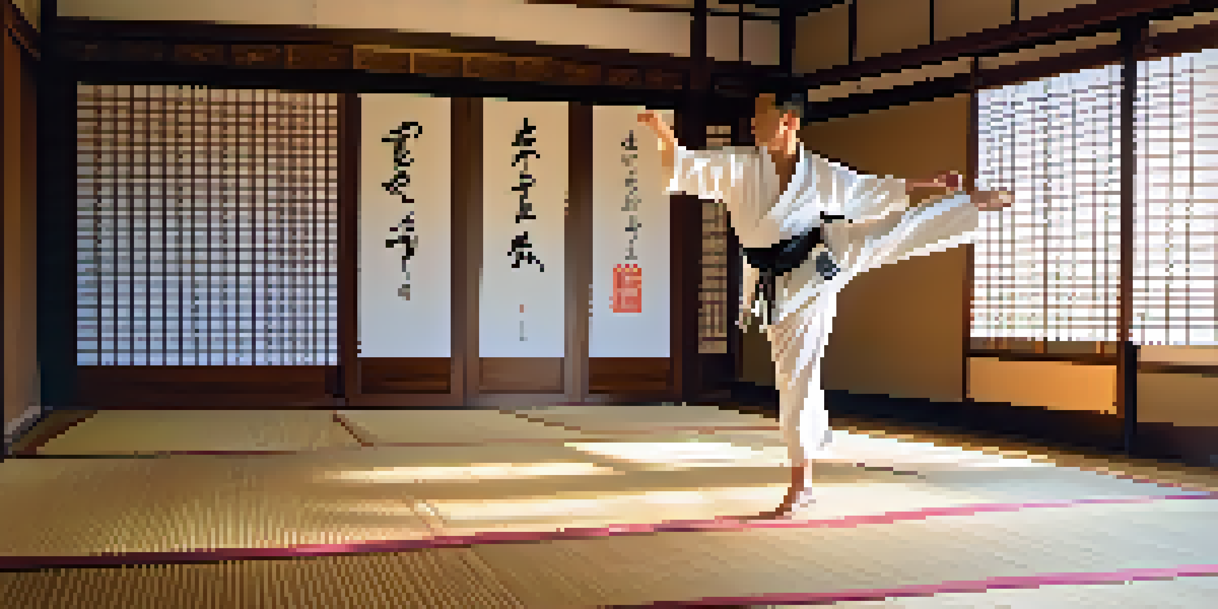 A peaceful dojo with a martial artist in a white gi practicing kata, surrounded by shoji screens and warm morning light.